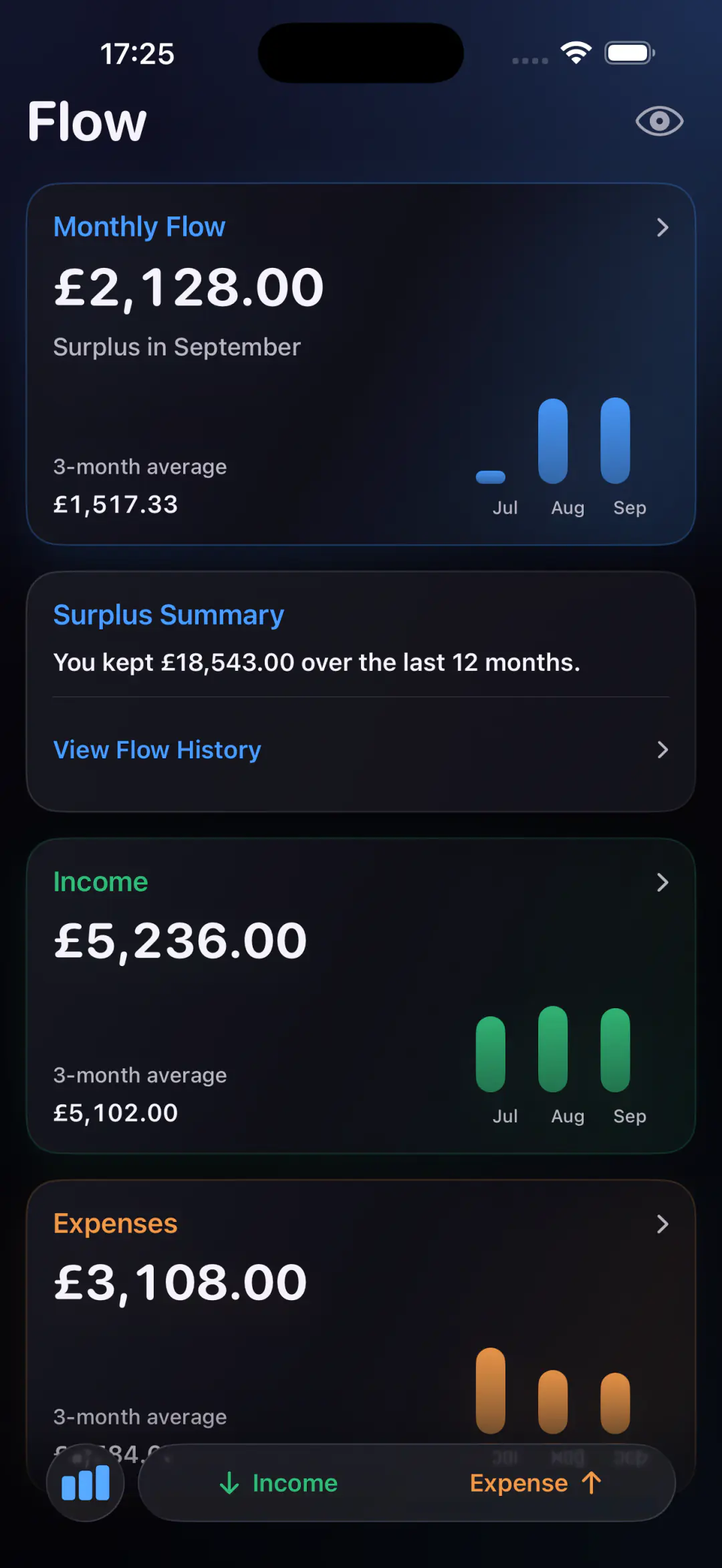 Flow showing monthly surplus, income and expenses in pounds.
