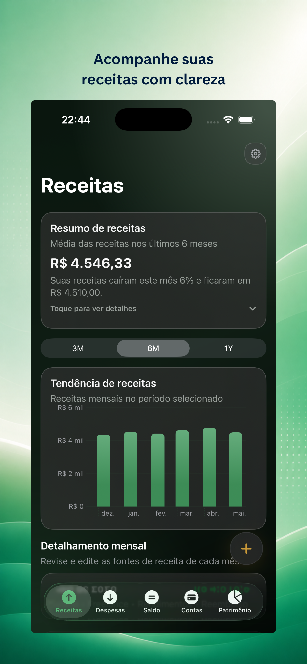 Tela de Receitas do Ascentist Finance em português